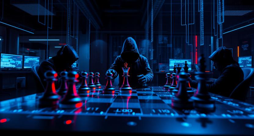 Cybersecurity-Konzept mit digitalem Schachbrett, menschlicher Figur als Stratege und abstrakten Hacker-Schatten, die Angriffe symbolisieren. Darstellung von Active Defense, Täuschung und Cyber-HUMINT in moderner IT-Sicherheit.