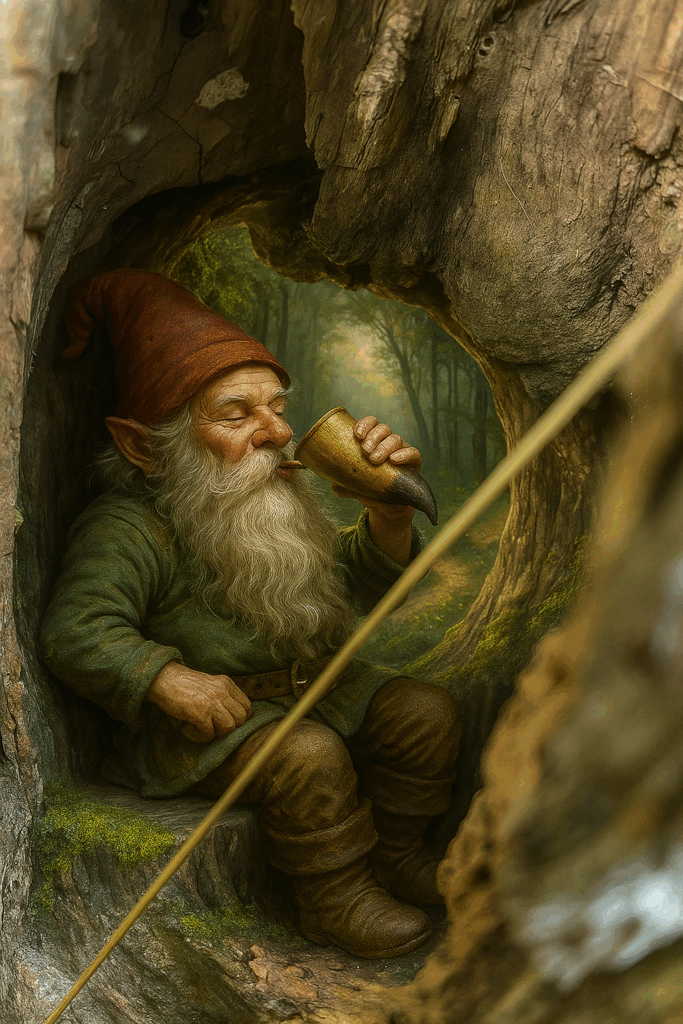 Ein Zwerg wacht in einem Baumstamm über seinen Bereich vom Wald um Natur und Gemeinschaft zu schützen