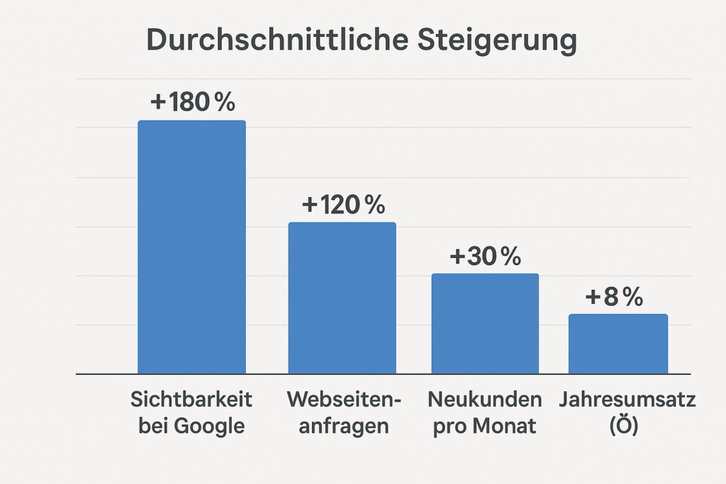 Ein Balkendiagramm zeigt die durchschnittlichen Steigerungen in vier Bereichen: Sichtbarkeit bei Google (+180 %), Webseitenanfragen (+120 %), Neukunden pro Monat (+30 % bis +70 %) und Jahresumsatz (+8 % bis +22 %). Die Balken sind unterschiedlich hoch und farblich einheitlich gestaltet, mit klaren Prozentangaben über jedem Balken.