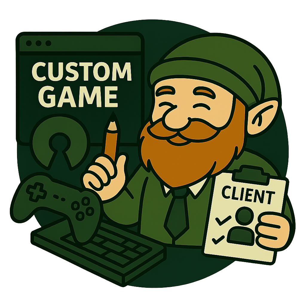 Der Zwerg zeigt die Freude und Bereitschaft das Spiel entsprechendem dem Kundenwunsch zu entwickeln